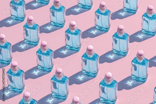 Many clear rectangular perfume bottles, light-blue, on a pale pink background,  displaying strong shadows