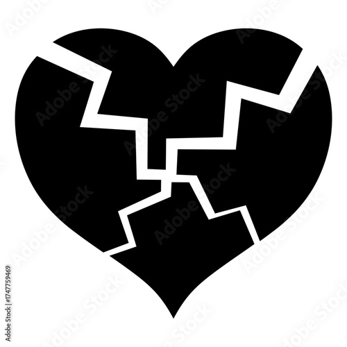 Shattered heart symbol with jagged pieces, emotional distress, sharp lines