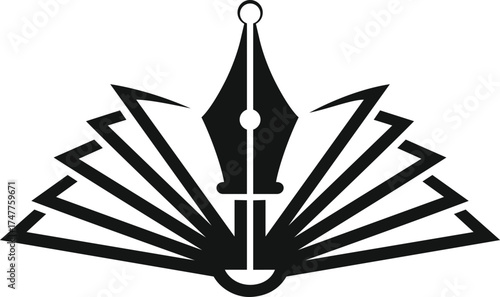 fountain pen on open book logo, education, writing, publishing, learning, knowledge vector icon