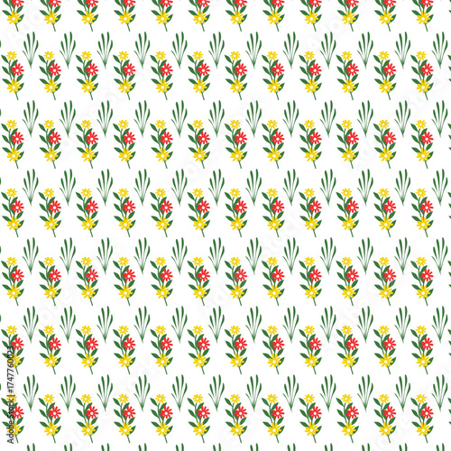 Delicate floral seamless pattern featuring small red flowers and green sprigs, perfect for various creative projects and designs