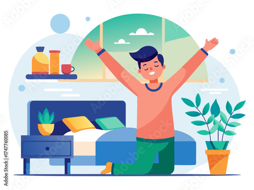 Man waking up and stretching in a bedroom vector illustration