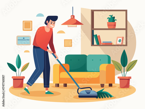 Man vacuuming a living room floor with a sofa and plants