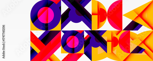 Geometric patterns repeat, creating vibrant mosaic. Bold colors contrast against white background. Modern design evokes energy, dynamism.