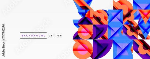 Abstract geometric shapes, vibrant colors, modern design. Composition features layered triangles, rectangles, dynamic visual effect.