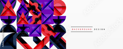 Abstract geometric shapes, vibrant colors, modern design. Purple, red, black elements create dynamic composition. Clean white space balances visual impact.