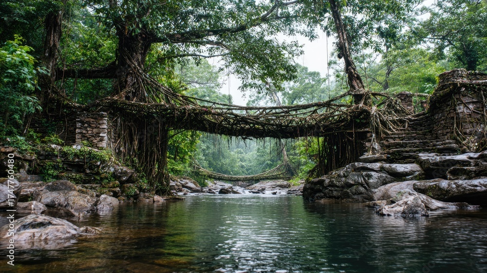 Fototapeta premium A breathtaking root bridge spanning a tranquil river.