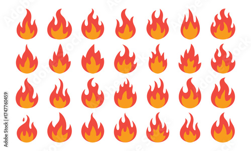 Collection of Stylized Fire Flame Icons in Red and Orange symbol heat