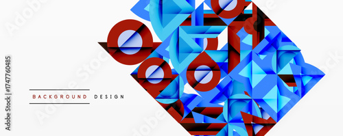 Abstract geometric shapes, blue, red tones create dynamic composition. Modern design elements suggest innovation, technology.