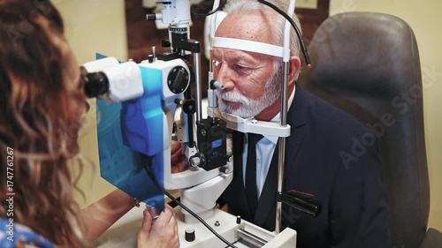 Female ophthalmologist examining a senior male patient's eyes with a slit lamp machine in her modern clinic, carefully checking his vision and diagnosing any potential eye diseases