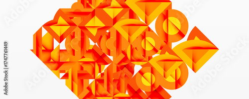 Orange geometric shapes form abstract letterings. Complex design with shadows, creating depth. Modern, artistic composition.