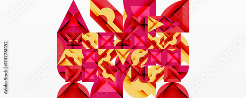 Abstract geometric composition. Pink, yellow triangles interlock creating complex pattern. Minimalist design, clean lines, modern aesthetic.