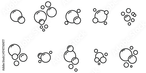Bubbles line icons set. Soap foam, fizzy drink, oxygen bubble, effervescent effect line icons set, editable stroke. Bubbles and foam icon set.