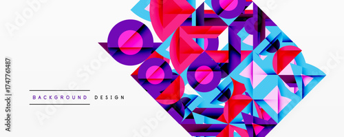 Abstract geometric shapes, vibrant colors, pinks, blues, purples. Modern design, dynamic composition, clean aesthetic. Background element.