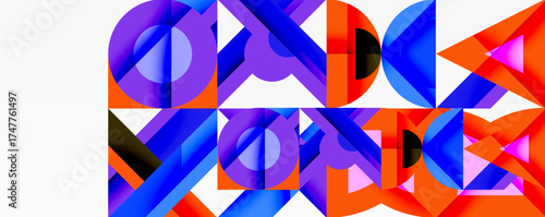 Abstract geometric pattern. Bold colors create dynamic visual texture. Shapes overlap, forming repeating design elements. Modern aesthetic.