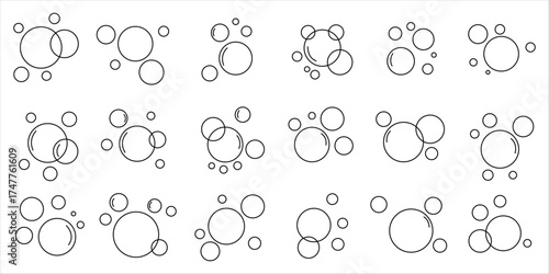Bubbles line icons set. Soap foam, fizzy drink, oxygen bubble, effervescent effect line icons set, editable stroke. Bubbles and foam icon set.
