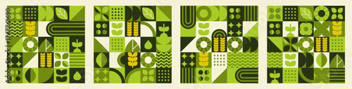 Set of abstract patterns featuring agriculture wheat in  swiss mosaic design.