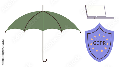 Green umbrella, GDPR shield, and laptop representing data protection, privacy, online safety. Ideal for cybersecurity, compliance, technology, privacy digital security data safety simple flat