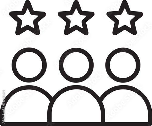Customer satisfaction: A minimalist line drawing illustrates a group of customers with rating stars above their heads, representing positive feedback.