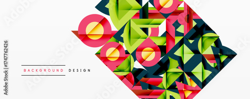 Abstract geometric pattern. Colorful triangles, squares overlap creating dynamic composition. Modern design element for backgrounds.