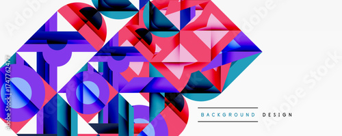 Abstract geometric shapes, vibrant colors, modern design. Pink, blue, purple hues create dynamic composition. Background texture visible.