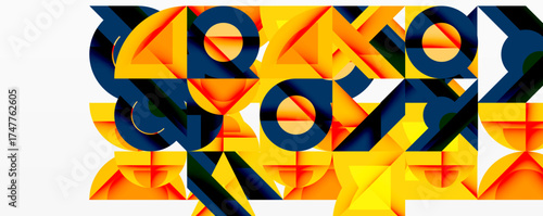 Abstract geometric shapes, vibrant colors, orange, navy, yellow. Modern design, clean lines, dynamic composition.