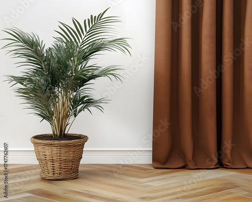 Modern Interior Design, Palm Plant in Woven Basket near Brown Curtain