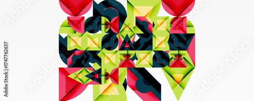 Abstract geometric composition. Shapes overlap, creating dynamic visual texture. Red, green, black colors dominate design.