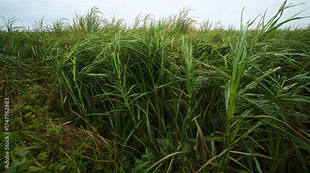 Obraz premium Lush green grassland with tall reed plants swaying in the wind landscape