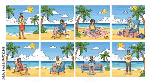 Diverse group of people working remotely on laptops and tablets at the beach, enjoying a relaxed summer vacation and freelance lifestyle