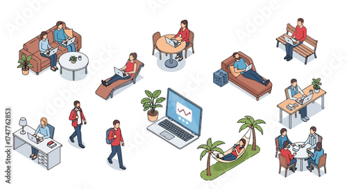 Collection of isometric illustrations depicting people working remotely in various locations, including home, office, and hammock