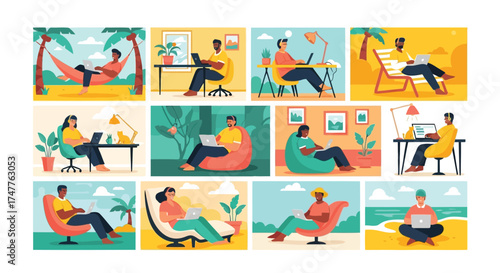 Diverse group of people working remotely on laptops in various comfortable settings, including beach, hammock, office, and beanbag chair, illustrating modern worklife balance and flexibility