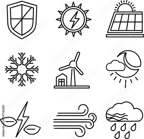 Line Art Vector Icon Set Depicting Weatherproof and Climate Protection Concepts with Consistent Stroke Outlines.