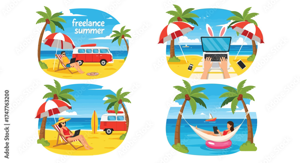 Fototapeta premium Set of four cartoon illustrations depicting freelance work on a tropical beach with palm trees, umbrellas, and a camper van, symbolizing remote work and summer vacation
