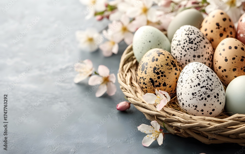Obraz premium Speckled Easter Eggs in Nest with Spring Blossoms