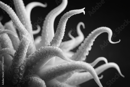 close up of octopus tentacle black and white