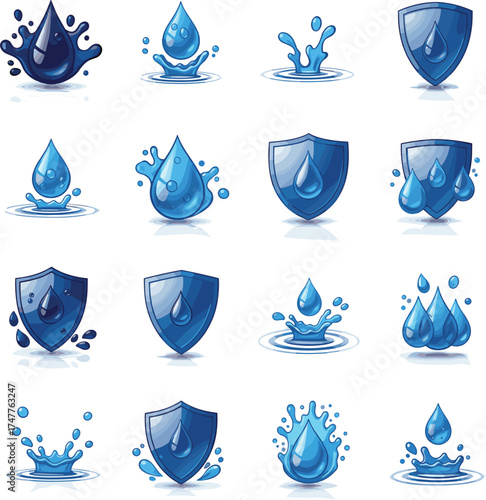 Modern Gradient Vector Icons Depicting Waterproof and Water Resistant Features with 3D Effects for Digital and Product Interface Design.