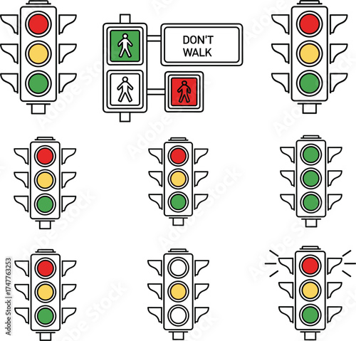Outline Icon Set of Traffic Lights with Signal Poles, Circular Light Indicators, and Pedestrian Walk Symbols in Simple Line Art Style.