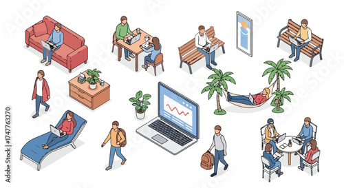 Isometric illustration of people working remotely in various casual settings, including a sofa, park bench, and hammock, with laptops and plants