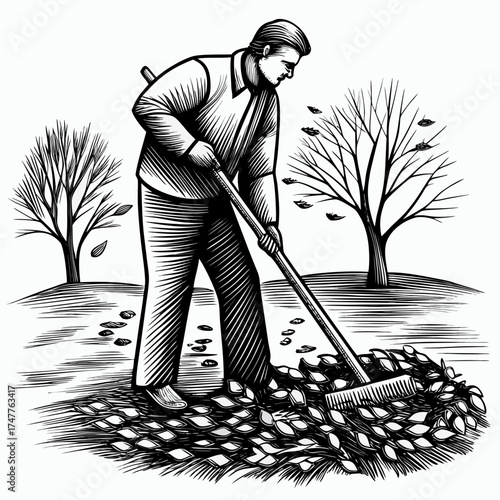 Illustration of a man raking leaves in the fall garden