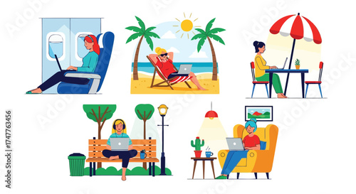 Diverse remote work scenarios individuals using laptops in different settings including a plane, beach, cafe, park bench, and cozy armchair, highlighting worklife balance