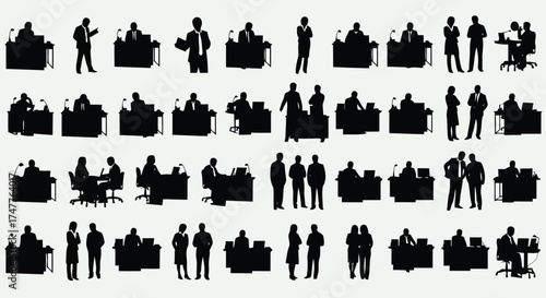 Silhouette collection of business people in various office settings, including meetings, presentations, and individual work, against a plain background