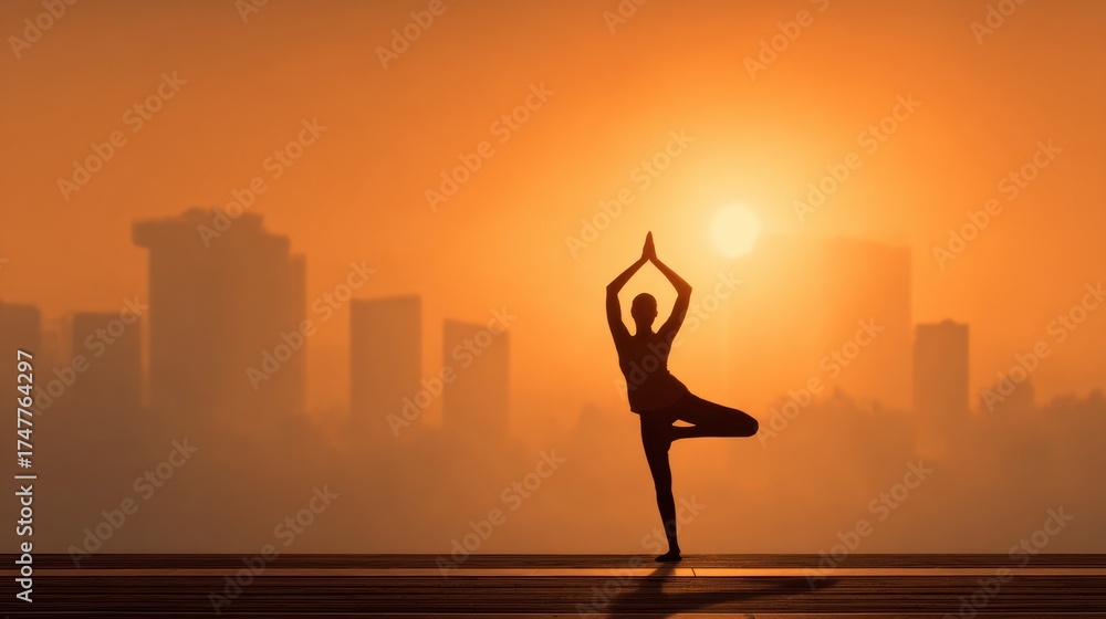 Fototapeta premium Sunrise Yoga Practice in the City Highlighting Tranquility and Balance Against a Vibrant Skyline Background