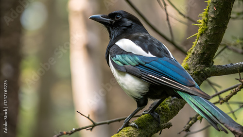 Black and White Eurasian Magpie on Mossy Forest Branch