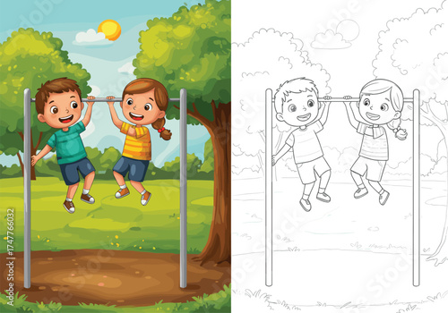 Cartoon Lifestyle Icons Featuring Kids Playing on Horizontal Bar, Joyful Mood, Playground Theme, and Dual-Style Coloring Scene