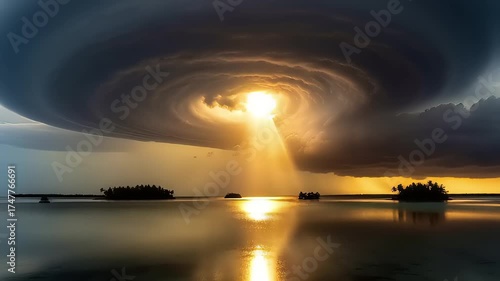 Dramatic Sky and Water Scene with Stunning Light Rays and Islands.