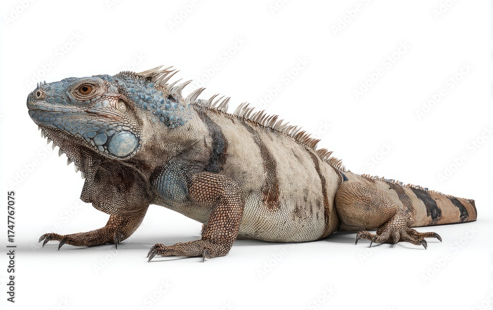 Fototapeta premium Large iguana, light brown, tan, blue, scales, profile view