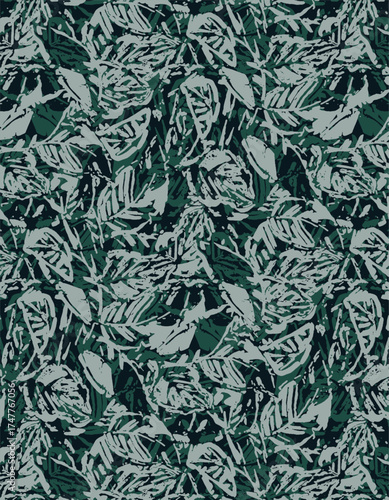 Abstract solid vector textile design, arrangement with monochrome medium silhouettes of leaves, full all-over seamless pattern with Tosca tone color illustration, digital image printing factory