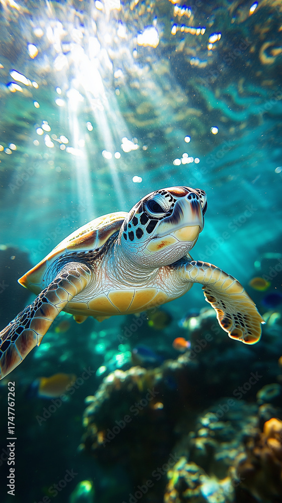 Obraz premium A beautiful sea turtle swims peacefully in the clear blue ocean, with bright sunbeams illuminating the vibrant underwater reef.