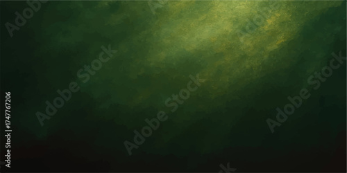 Dark stormy night sky backdrop with green grunge texture and light rays