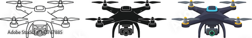Drone Icons Collection Represents Technology and Future Developments with Three Variations Including Outline Silhouette and Color Illustration Offering Multiple Style Options